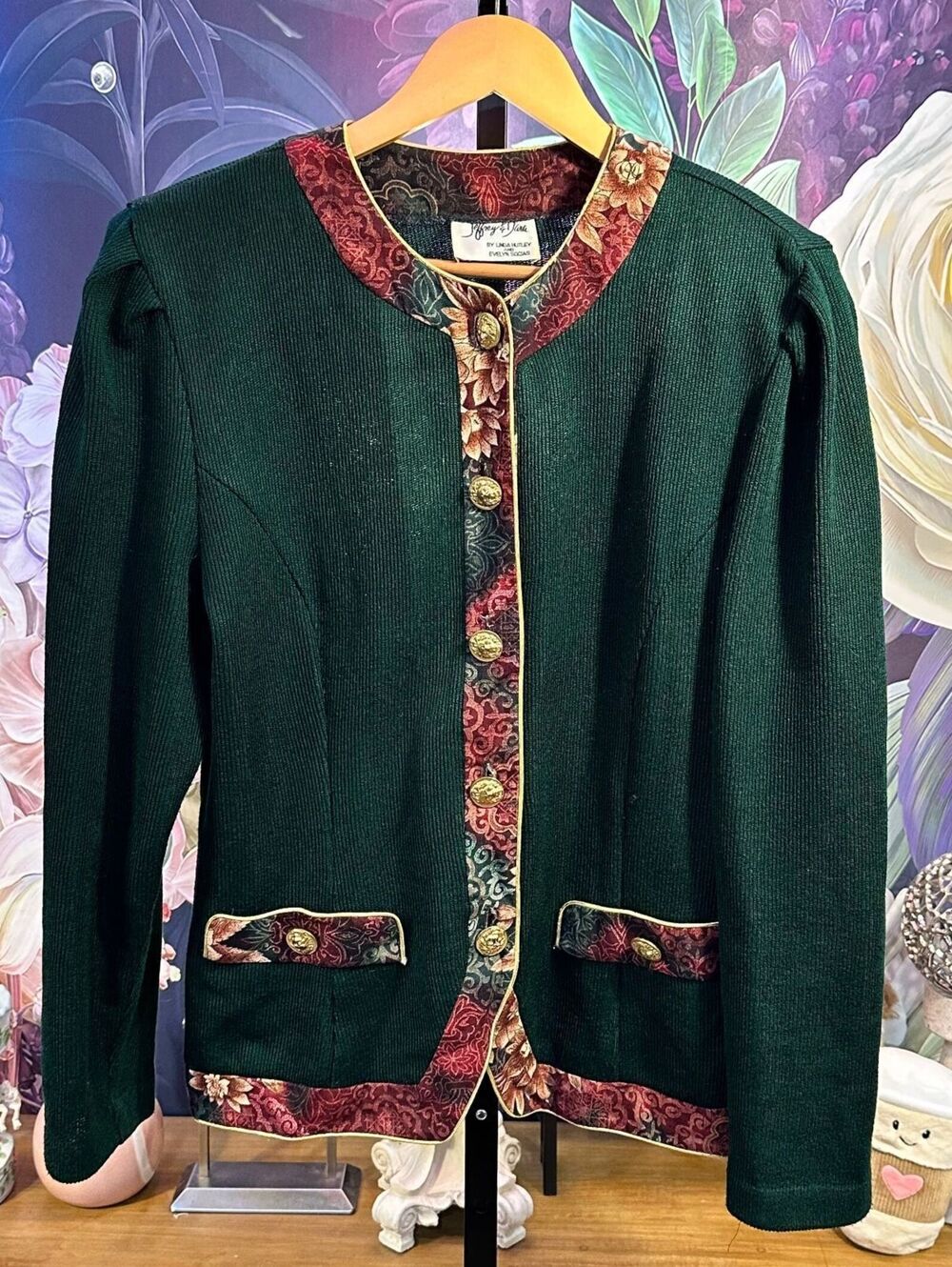 Jeffrey & Dara Jacket Cottagecore Tapestry Trim Green Knit Gold Buttons Retro